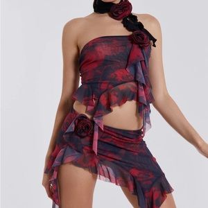 Jaded London Dark Rose Print Asymmetric Skirt Set